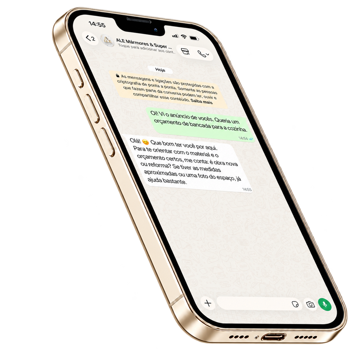 Celular com uma conversa ilustrativa sobre orçamento de bancada com a ALE